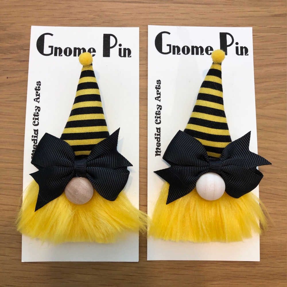Bee Gnome Pin Brooch Handmade Gift Guide Bow Magnetic Stripes Summer Whimisical